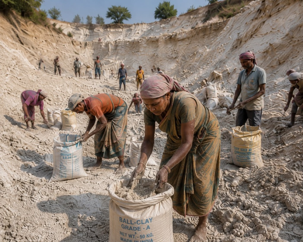Workers bagging Grade-A Bikaner ball clay into labeled 50 Kg sacks