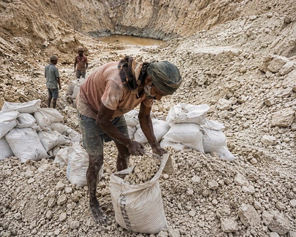 Workers bagging freshly extracted clay lumps inside Bikaner quarry pit