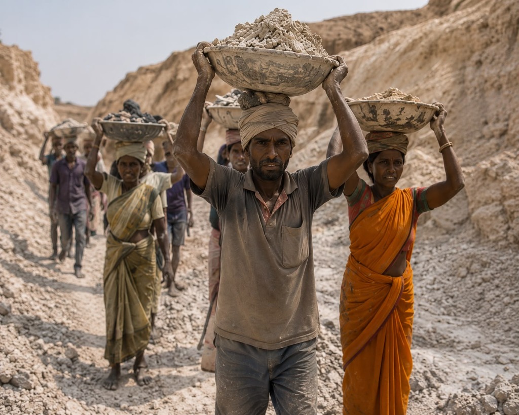 Workers carrying clay lumps on their heads in metal pans at the mine site