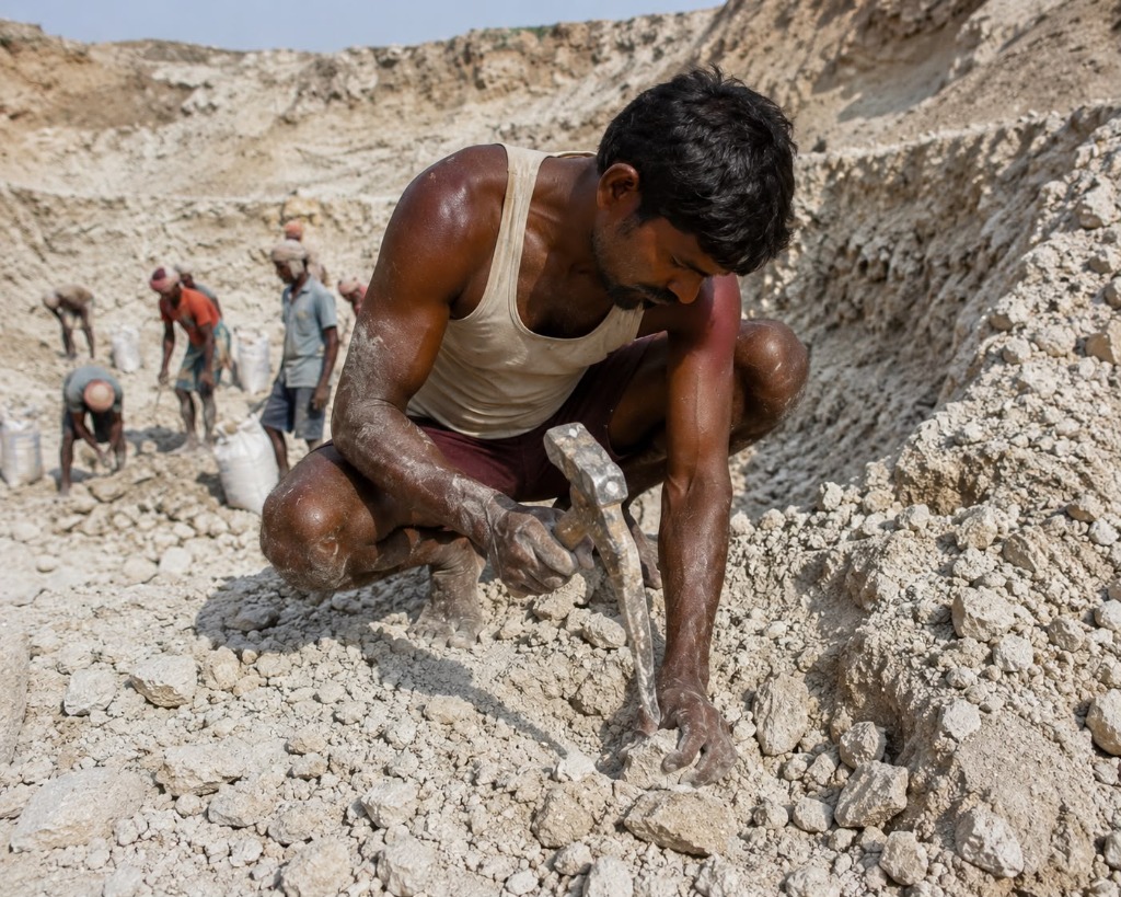Crouched worker hammer testing clay lumps to verify structural grade consistency