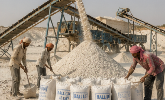 Conveyor belts dropping processed clay into heap points with workers bagging clay