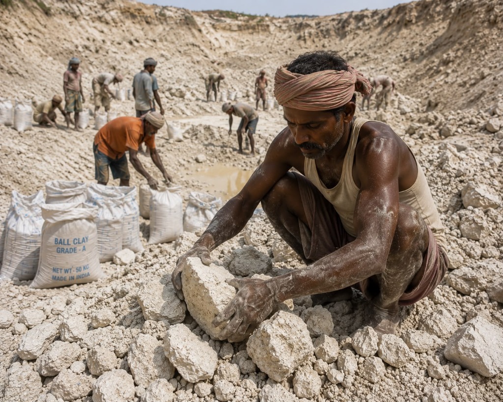 Close-up of worker sorting raw white clay lumps with packaged bags in background