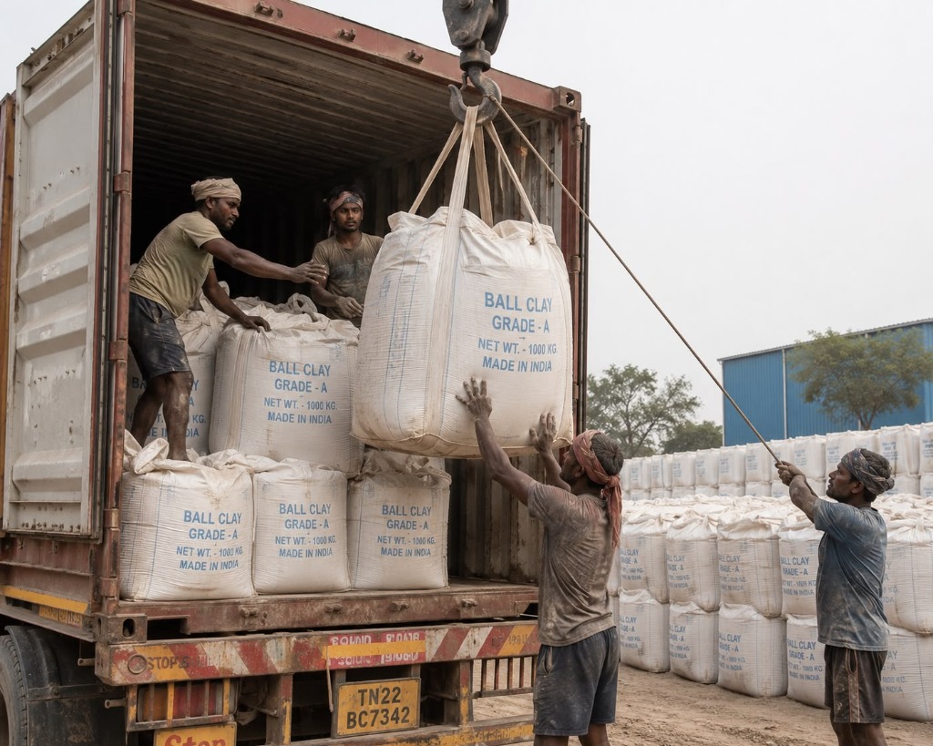 Workers loading Jumbo bags of Grade-A Ball Clay into shipping container truck