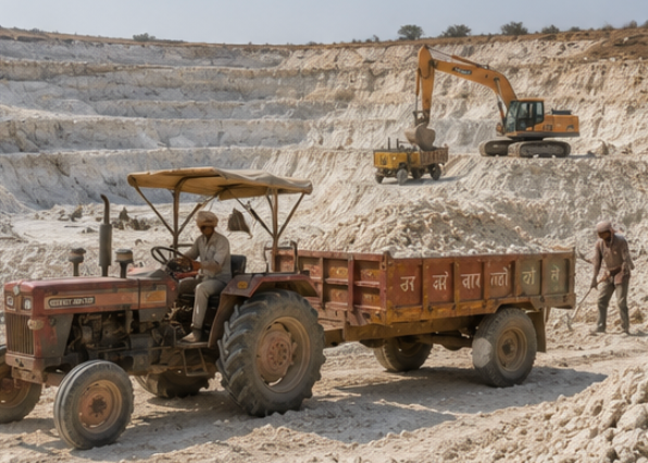 Heavy excavator scoop loading clay trailer inside Udaipur quarry pit