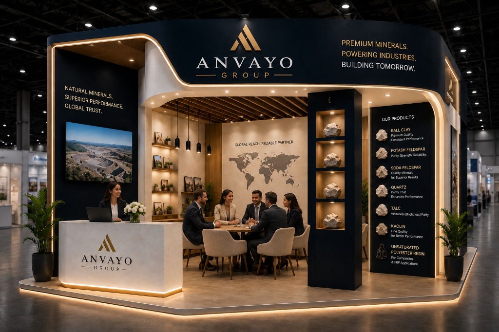 Anvayo Group corporate exhibition stall displaying premium minerals products range