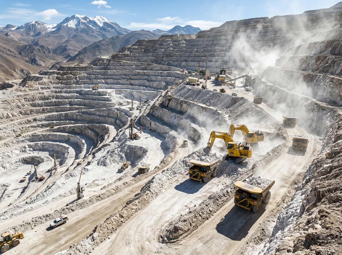 Terraced feldspar mining pit with heavy shovels and haulers