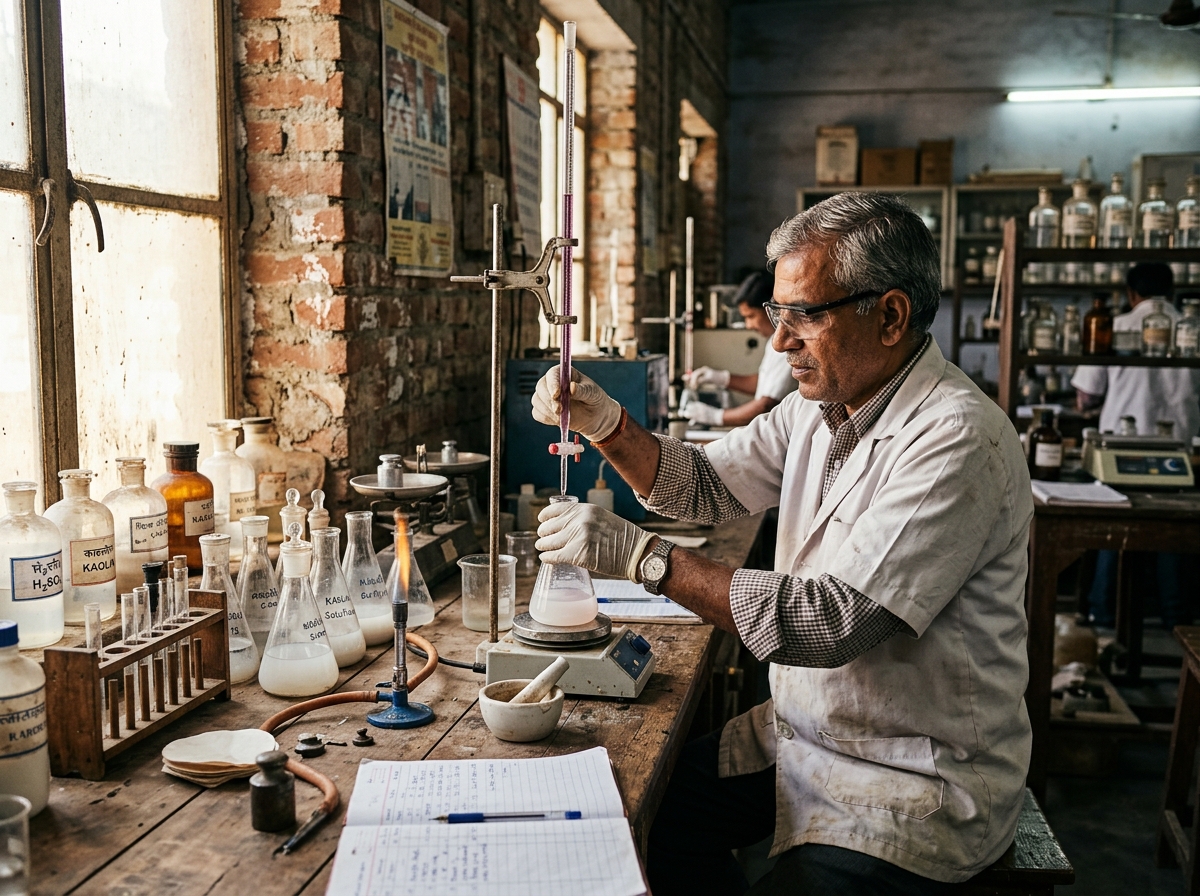 Traditional Indian titration lab testing raw clay chemical composition