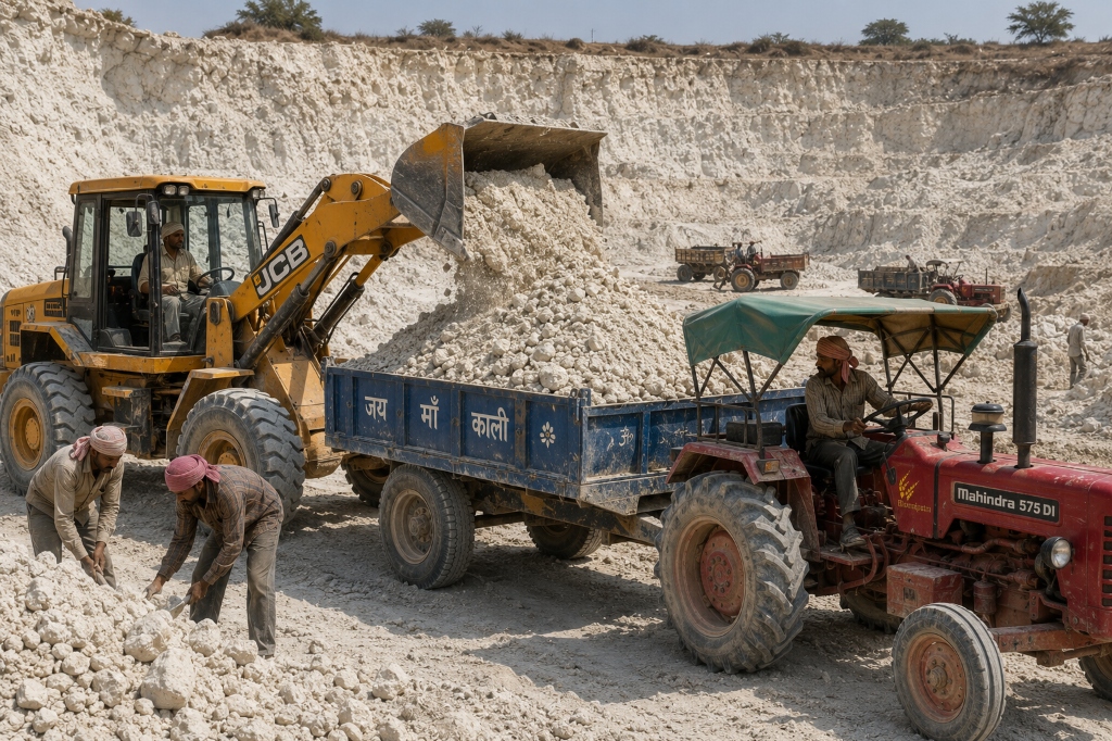 Front loader dumping raw clay into tractor trailer inside Bikaner mine pit