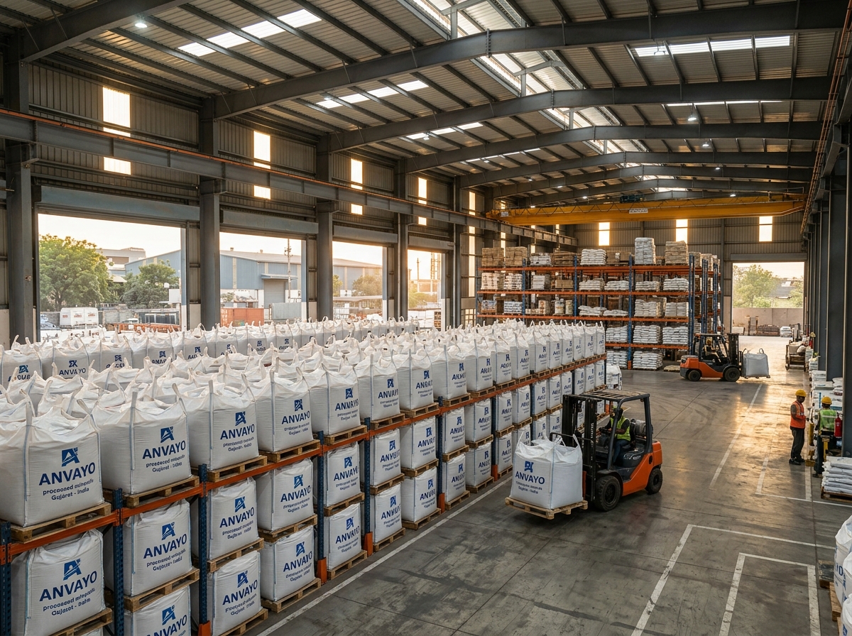  forklift loading palletized white mineral bags in Morbi depot