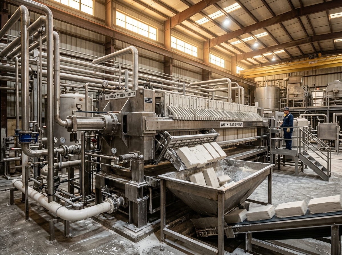 Automated filter press processing white clay blocks