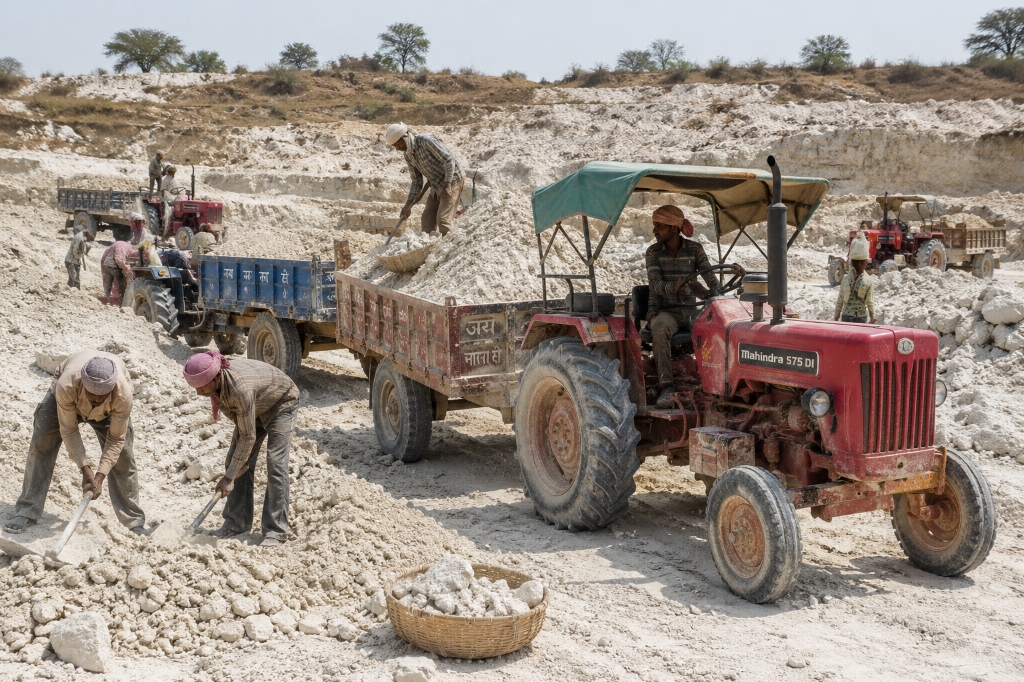 Workers manual shoveling and sorting clay lumps into tractor trailers inside quarry pit